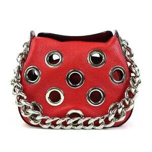 Prada Vitello Daino Grommet Chain Hobo Shoulder Bag Red